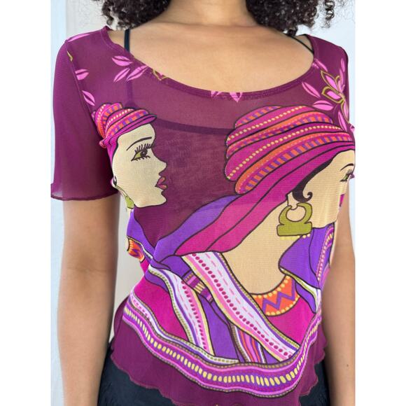 Vintage 00s Woman Graphic Mesh Short Sleeve Tee (S/M) indie gaultier - Picture 6 of 10